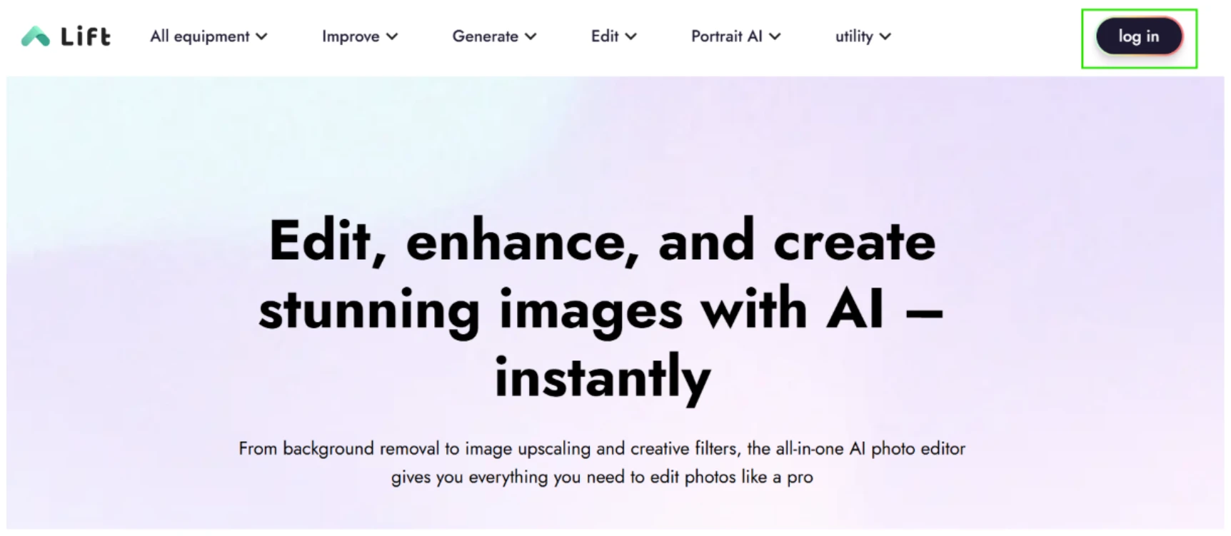 Lift homepage with the log in button boxed in green in the top right corner