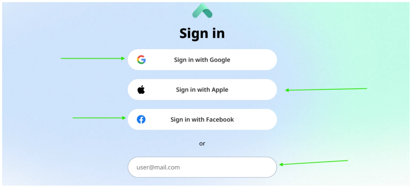 Sign in screen with green arrows pointing at Google, Apple, Facebook and an email field