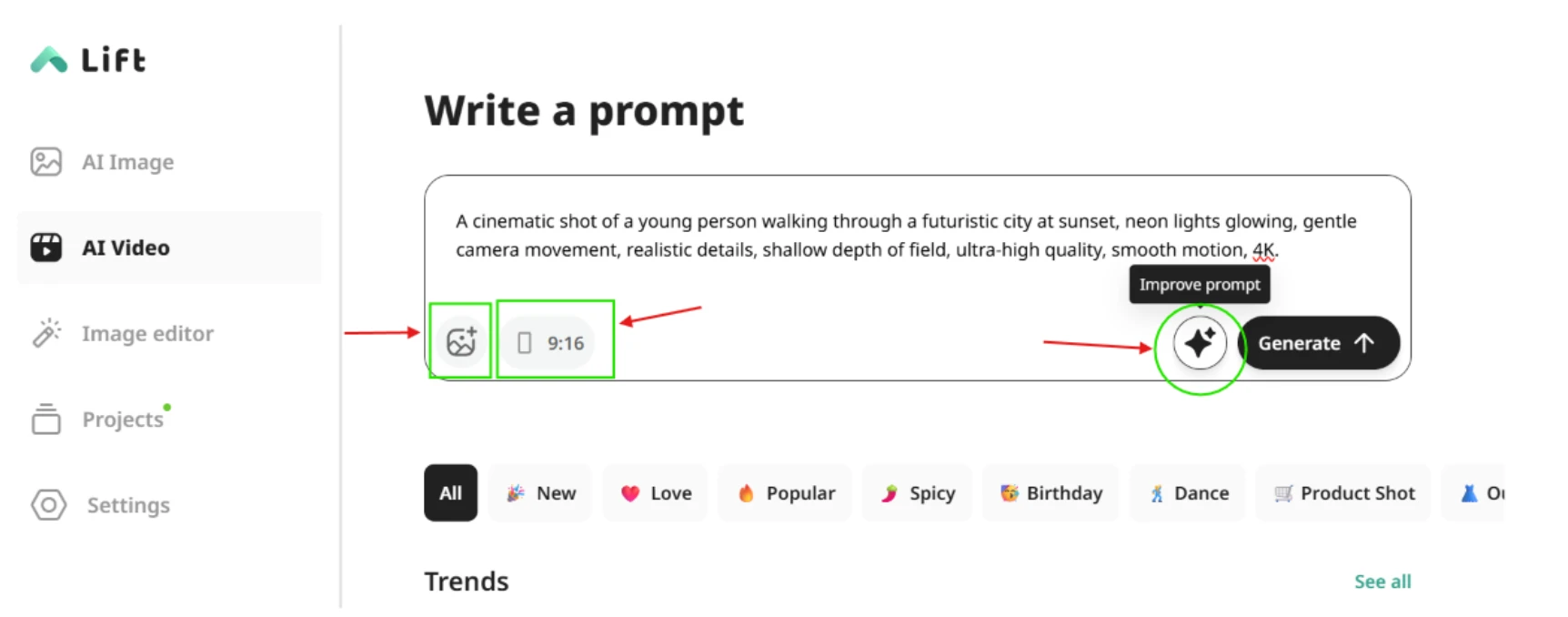 AI Video Write a prompt screen with reference image and aspect ratio controls boxed and the improve prompt button circled