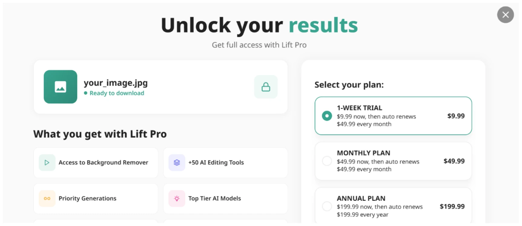 The same Unlock your results paywall reappearing after pressing Generate on the video