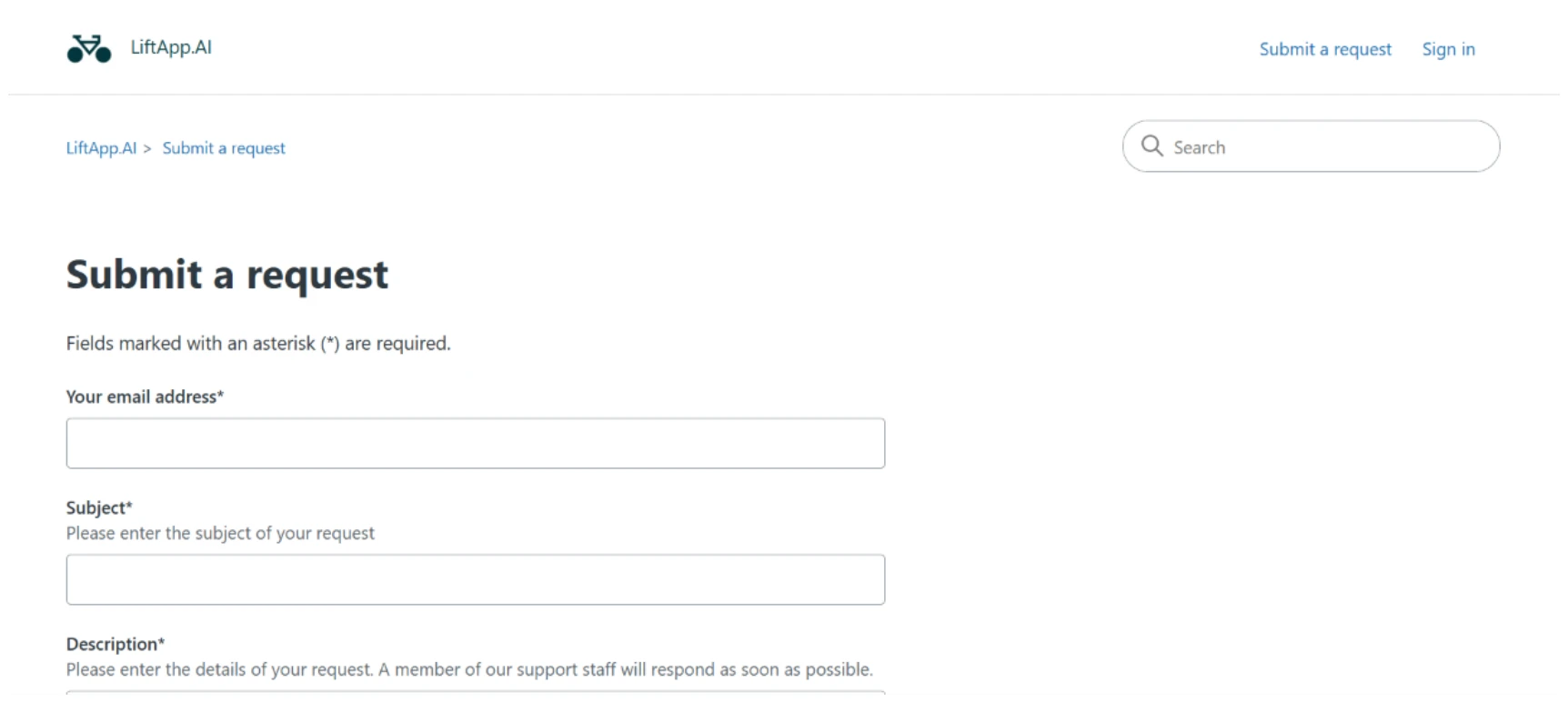 LiftApp.AI Submit a request support form with fields for email, subject and description
