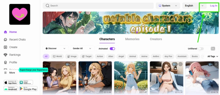 CrushOn AI homepage showing community character grid, search bar, and Log In button
