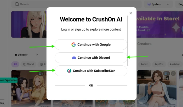 CrushOn AI sign-in modal with Continue with Google, Discord, and SubscribeStar options