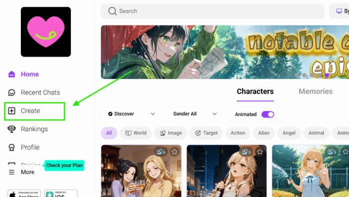 CrushOn AI left sidebar with the Create button highlighted