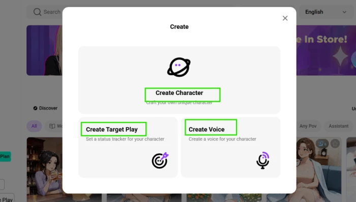 CrushOn AI Create menu offering Create Character, Create Target Play, and Create Voice