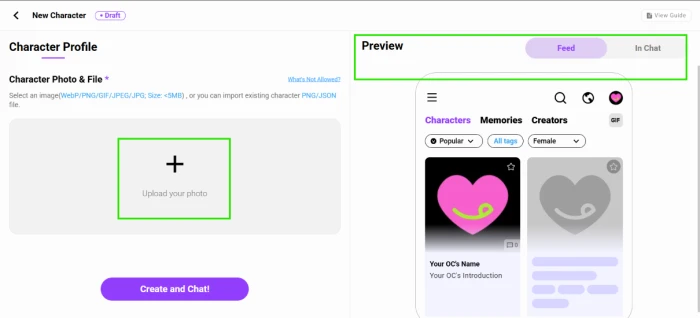 CrushOn AI character profile editor with Upload your photo box and live card preview