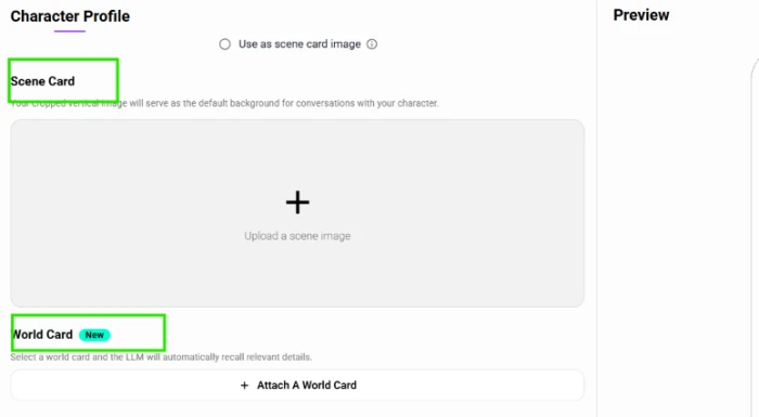 CrushOn AI Scene Card upload area and the new World Card attachment option