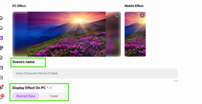CrushOn AI scene name field with PC and mobile previews and Display Effect options Blurred Glass and Cover