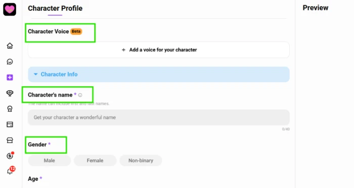 CrushOn AI Character Voice Beta slot with the character name field and gender selector