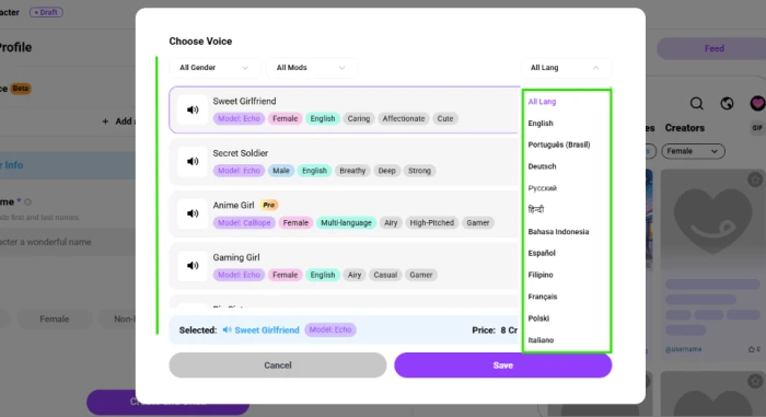 CrushOn AI Choose Voice library with gender and language filters and voice options