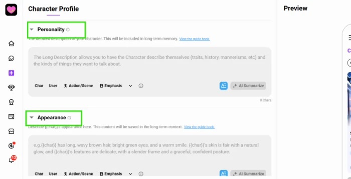 CrushOn AI Personality and Appearance long-description boxes with formatting toolbar and AI Summarize