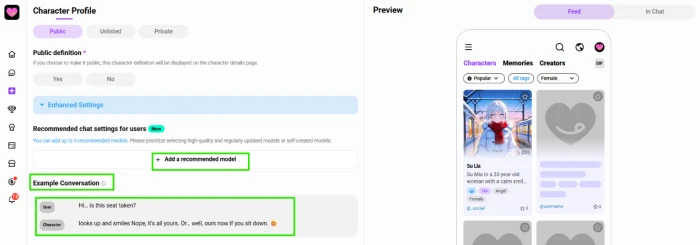 CrushOn AI Enhanced Settings with recommended chat models and the Example Conversation field