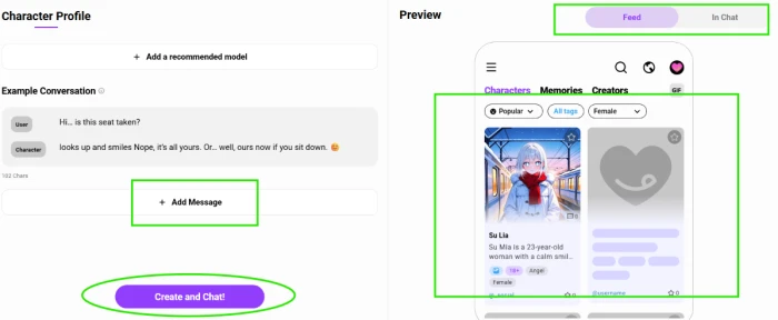 CrushOn AI Add Message button, Create and Chat button, and Feed and In Chat preview of Su Lia