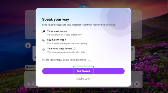 CrushOn AI Speak Your Way popup introducing voice messaging with a Get Started button