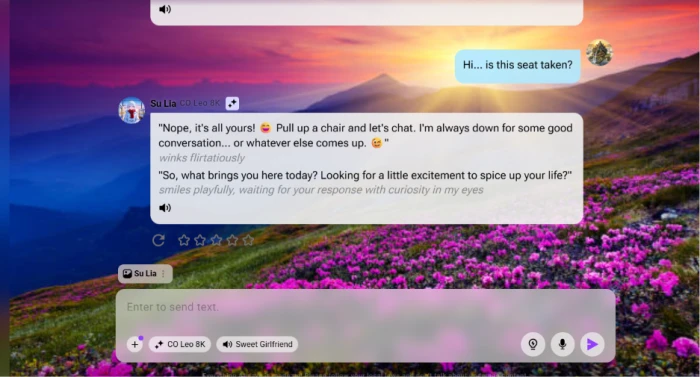 CrushOn AI chat test where Su Lia answers the seat-taken opener in the voice from the example conversation